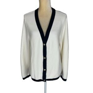 Talbots Contrast Trim Cardigan Ivory Black Gold Button‎ Size XL petite Classic